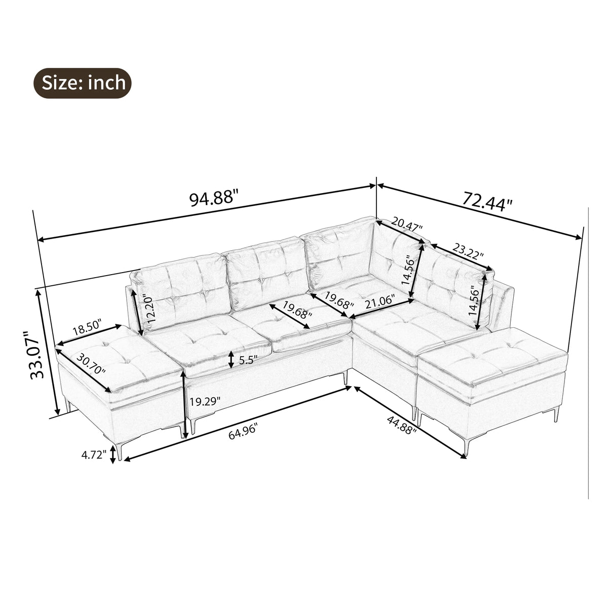 Black PU Leather L-Shaped Corner Sectional Sofa with Movable Storage Ottomans R3152