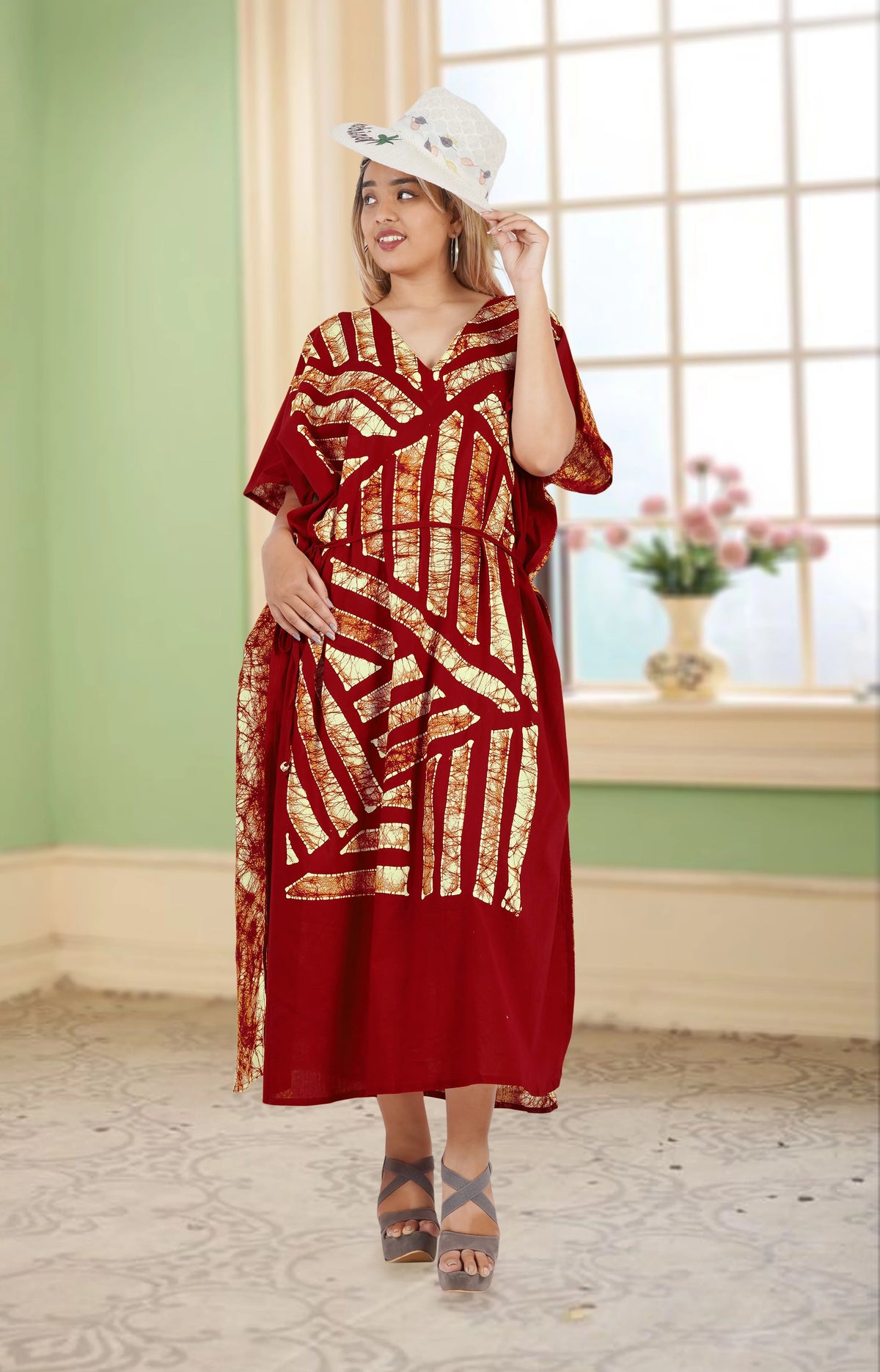 Maroon Stripes Maxi Kaftan Dress E253762
