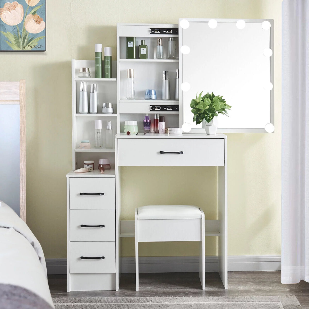 4 Drawer Makeup Vanity Desk with Stool Mirror and Light M755