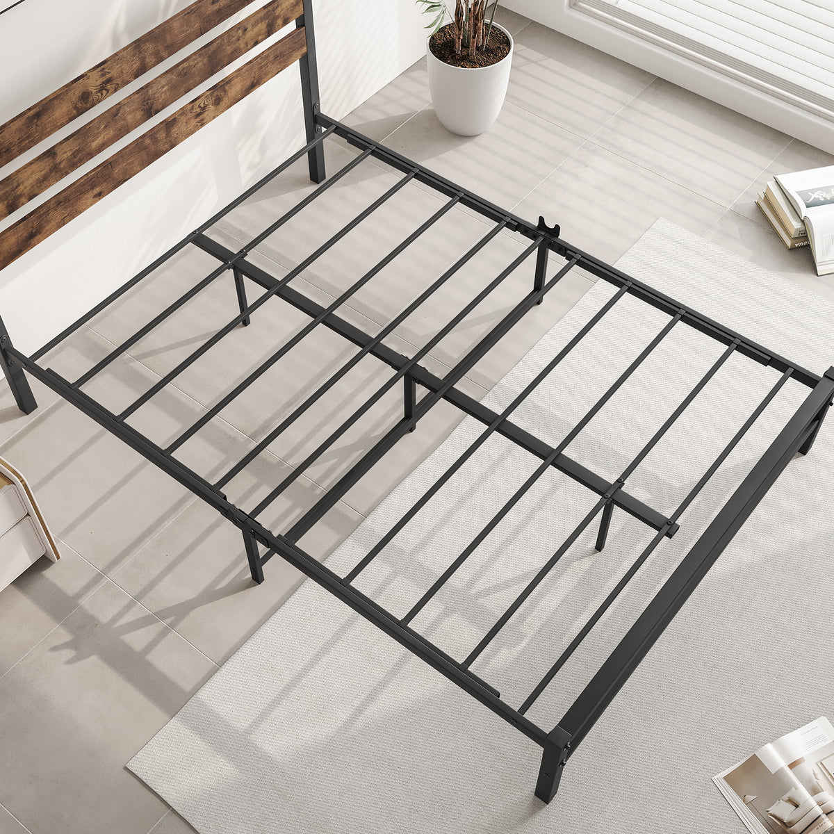 Full Size Platform Bed Frame with Wood Headboard and Metal Slats, Rustic Brown V880193