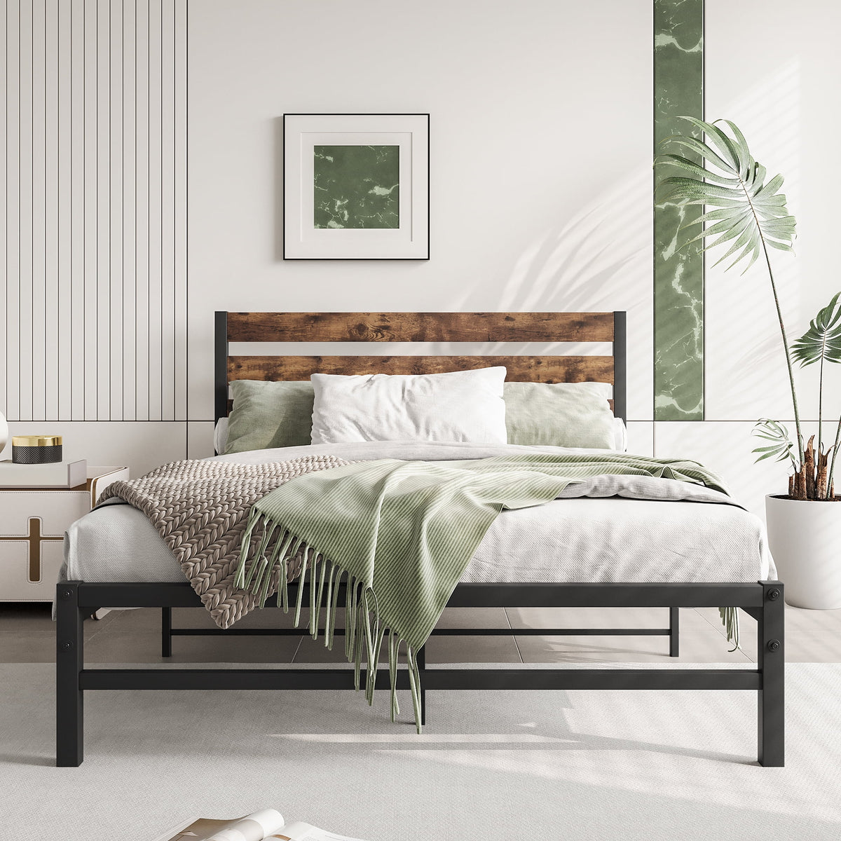 Full Size Platform Bed Frame with Wood Headboard and Metal Slats, Rustic Brown V880193