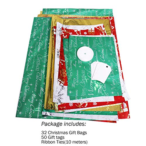 Christmas Gift Bags, 32Pcs Santa Wrapping Bag in 4 Sizes and 4 Designs with Ribbon Ties and Tags U16233