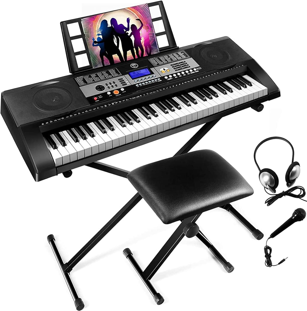 61 Key Portable Electric Keyboard Piano with Stand, Stool, Headphones, Microphone, LCD Screen D6026