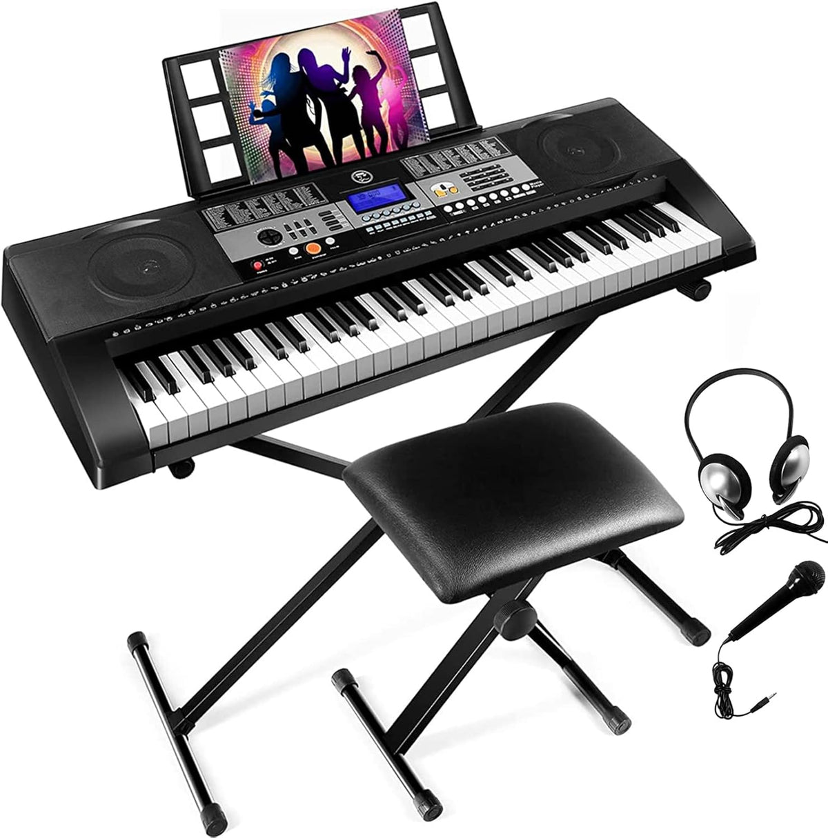61 Key Portable Electric Keyboard Piano with Stand, Stool, Headphones, Microphone, LCD Screen D6026