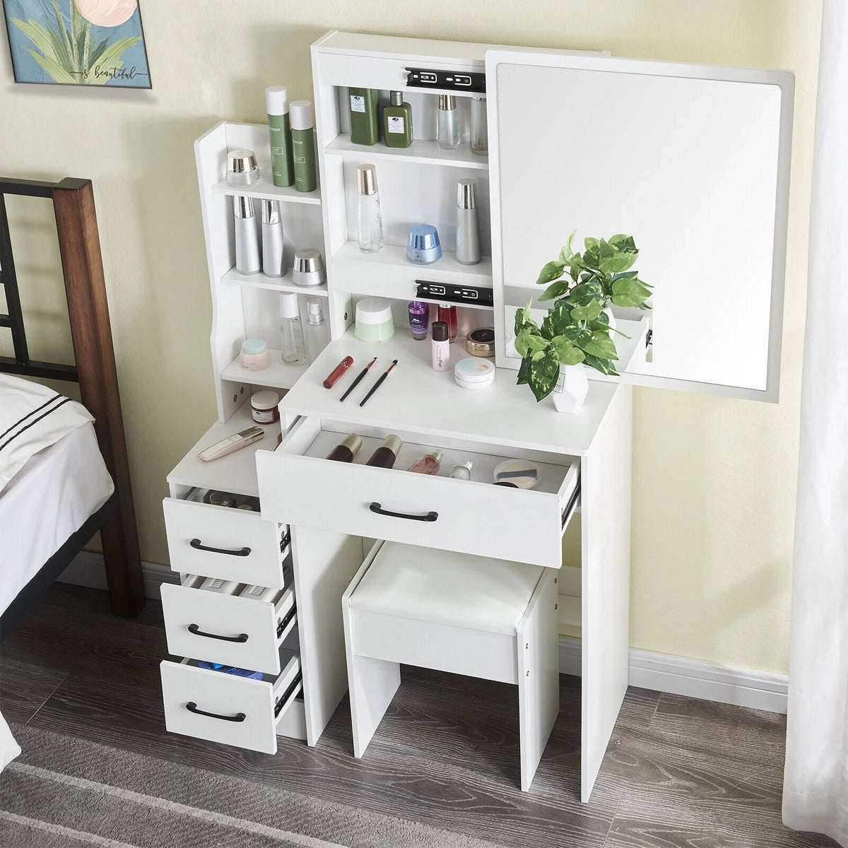 4 Drawer Makeup Vanity Desk with Stool Mirror and Light M755