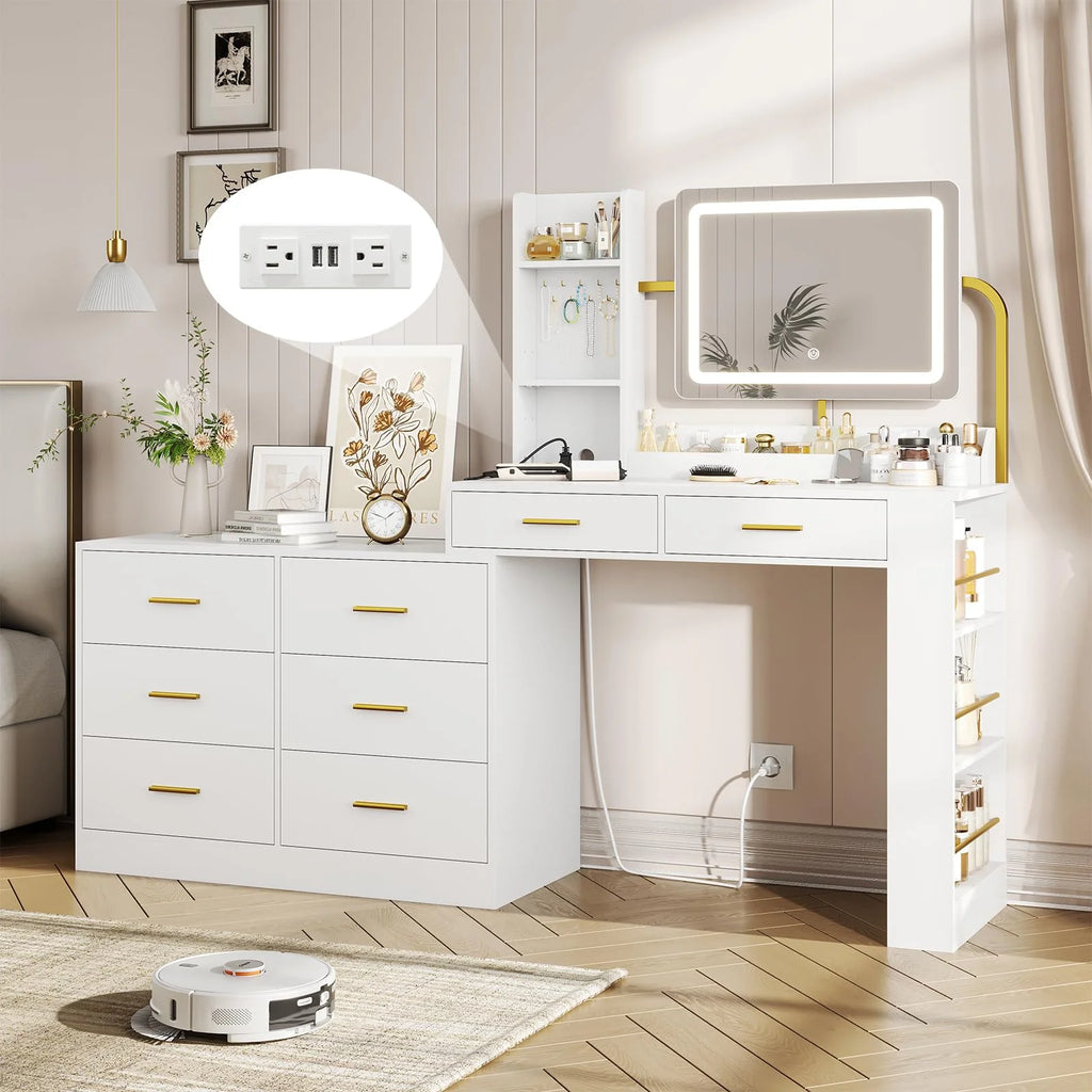 White Vanity Desk with Mirror and Lights and Charging Station A979