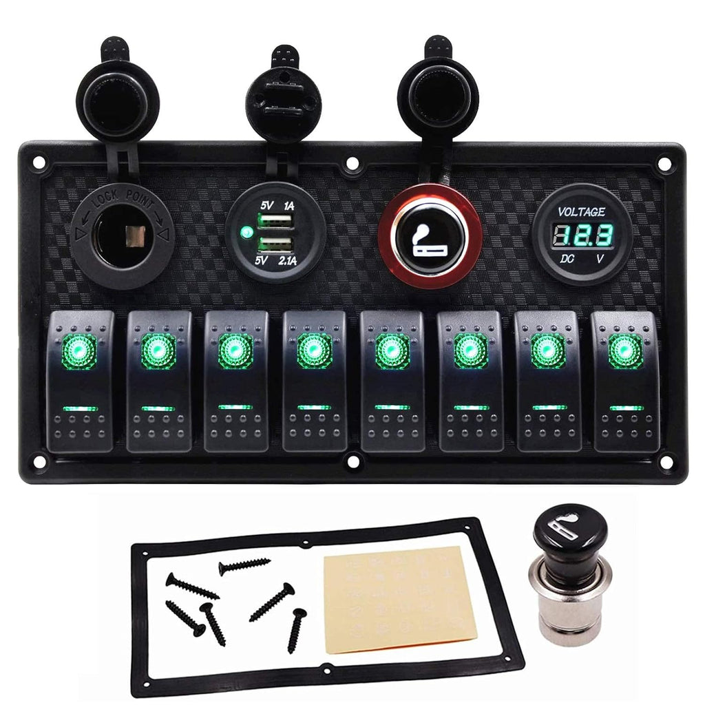 8 Gang Green LED Aluminum Marine Switch Panel with USB Charger and Voltmeter, Pack of 2 G6776