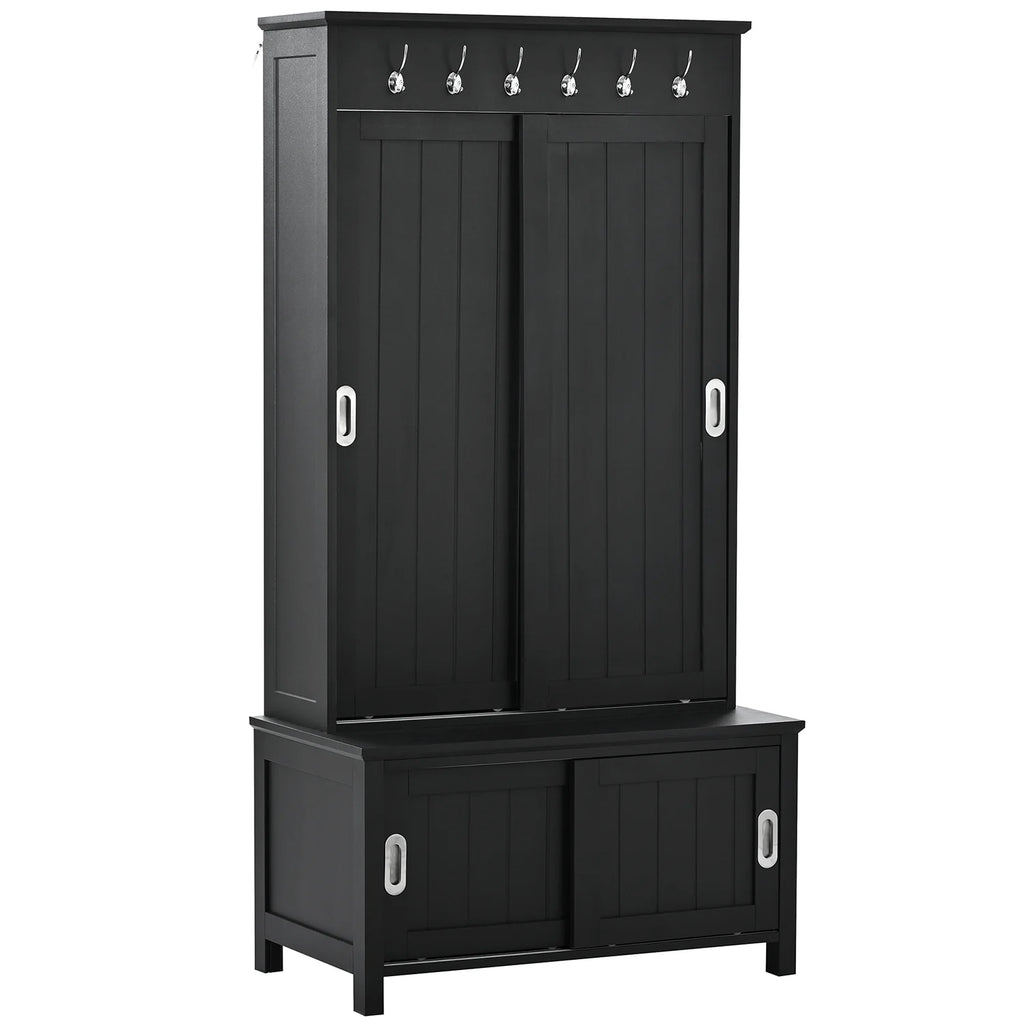 Black Wooden Hall Tree with Bench and Shoe Storage D348132