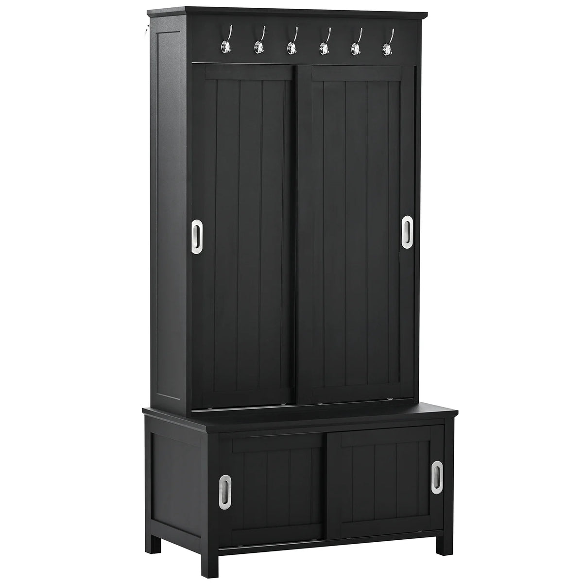 Black Wooden Hall Tree with Bench and Shoe Storage D348132