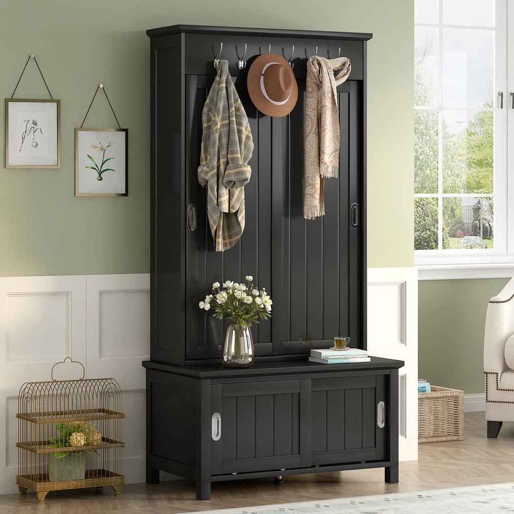 Black Wooden Hall Tree with Bench and Shoe Storage D348132