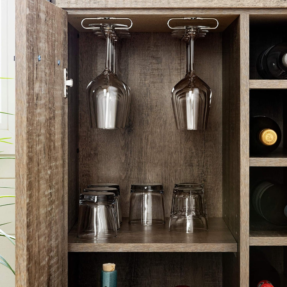 Weathered Oak and Matte Black Bar Cabinet with Storage N883